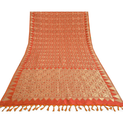 Sanskriti Vintage Orange Heavy Sarees Pure Silk Zari Woven Brocade 5+Yd Fabric
