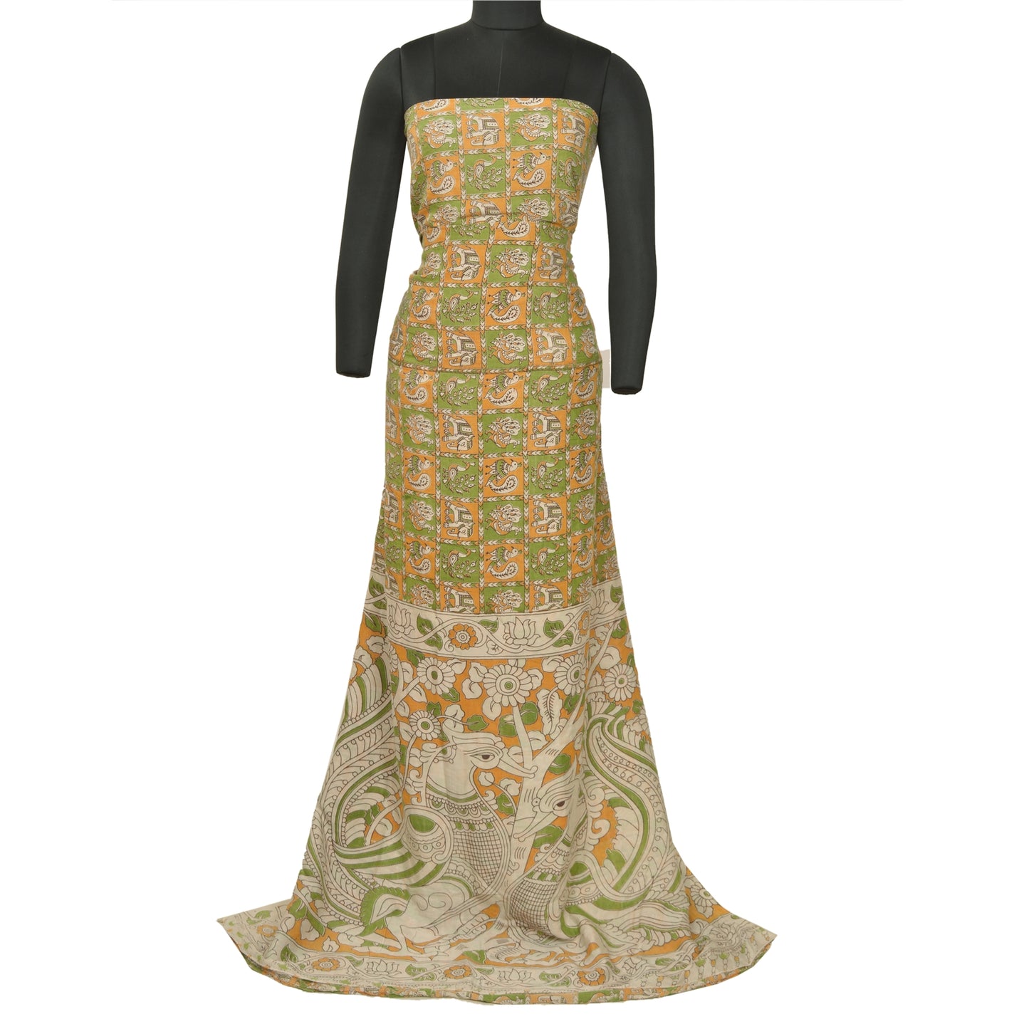 Sanskriti Vintage Green/Ivory Heavy Sarees Cotton Silk Kalamkari Fabric Sari