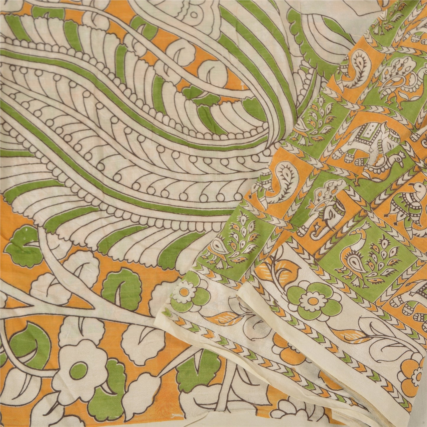 Sanskriti Vintage Green/Ivory Heavy Sarees Cotton Silk Kalamkari Fabric Sari