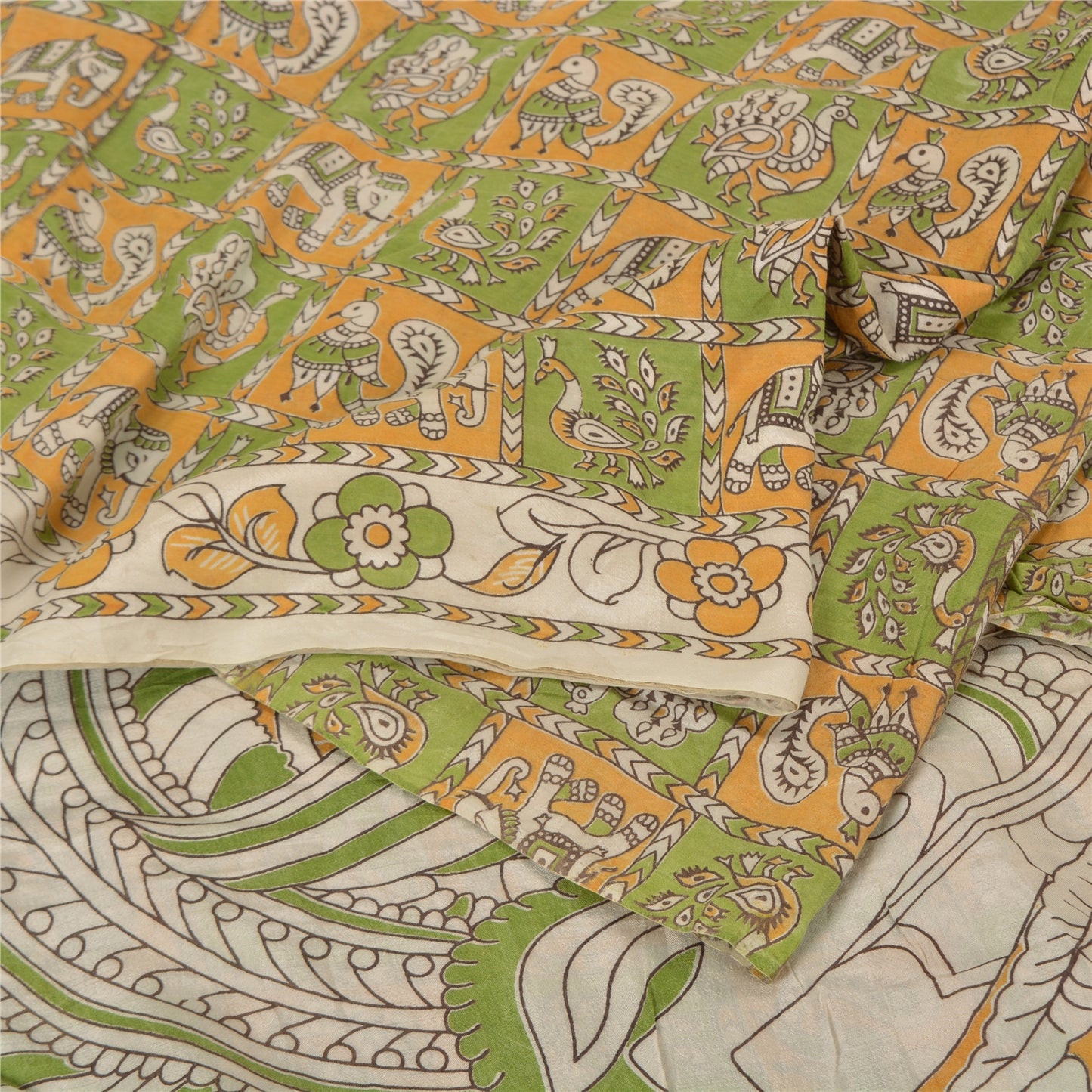 Sanskriti Vintage Green/Ivory Heavy Sarees Cotton Silk Kalamkari Fabric Sari