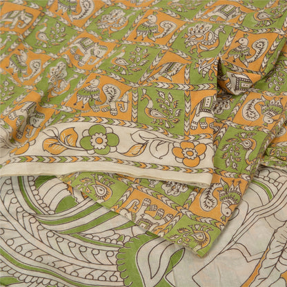 Sanskriti Vintage Green/Ivory Heavy Sarees Cotton Silk Kalamkari Fabric Sari