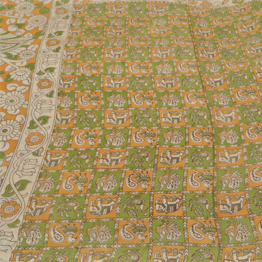 Sanskriti Vintage Green/Ivory Heavy Sarees Cotton Silk Kalamkari Fabric Sari