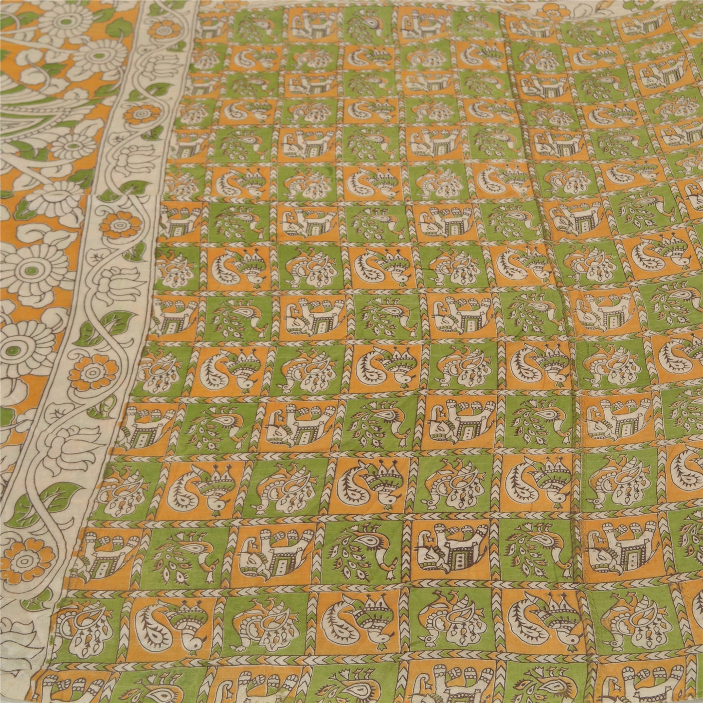 Sanskriti Vintage Green/Ivory Heavy Sarees Cotton Silk Kalamkari 5+Yard Sari