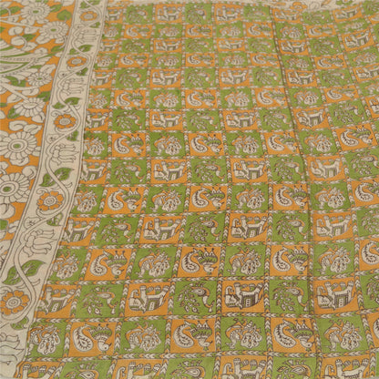Sanskriti Vintage Green/Ivory Heavy Sarees Cotton Silk Kalamkari Fabric Sari
