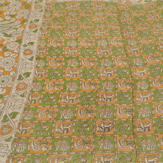 Sanskriti Vintage Green/Ivory Heavy Sarees Cotton Silk Kalamkari Fabric Sari