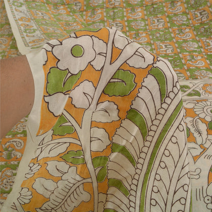 Sanskriti Vintage Green/Ivory Heavy Sarees Cotton Silk Kalamkari Fabric Sari