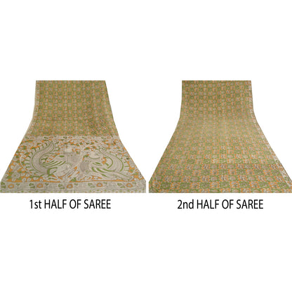 Sanskriti Vintage Green/Ivory Heavy Sarees Cotton Silk Kalamkari Fabric Sari