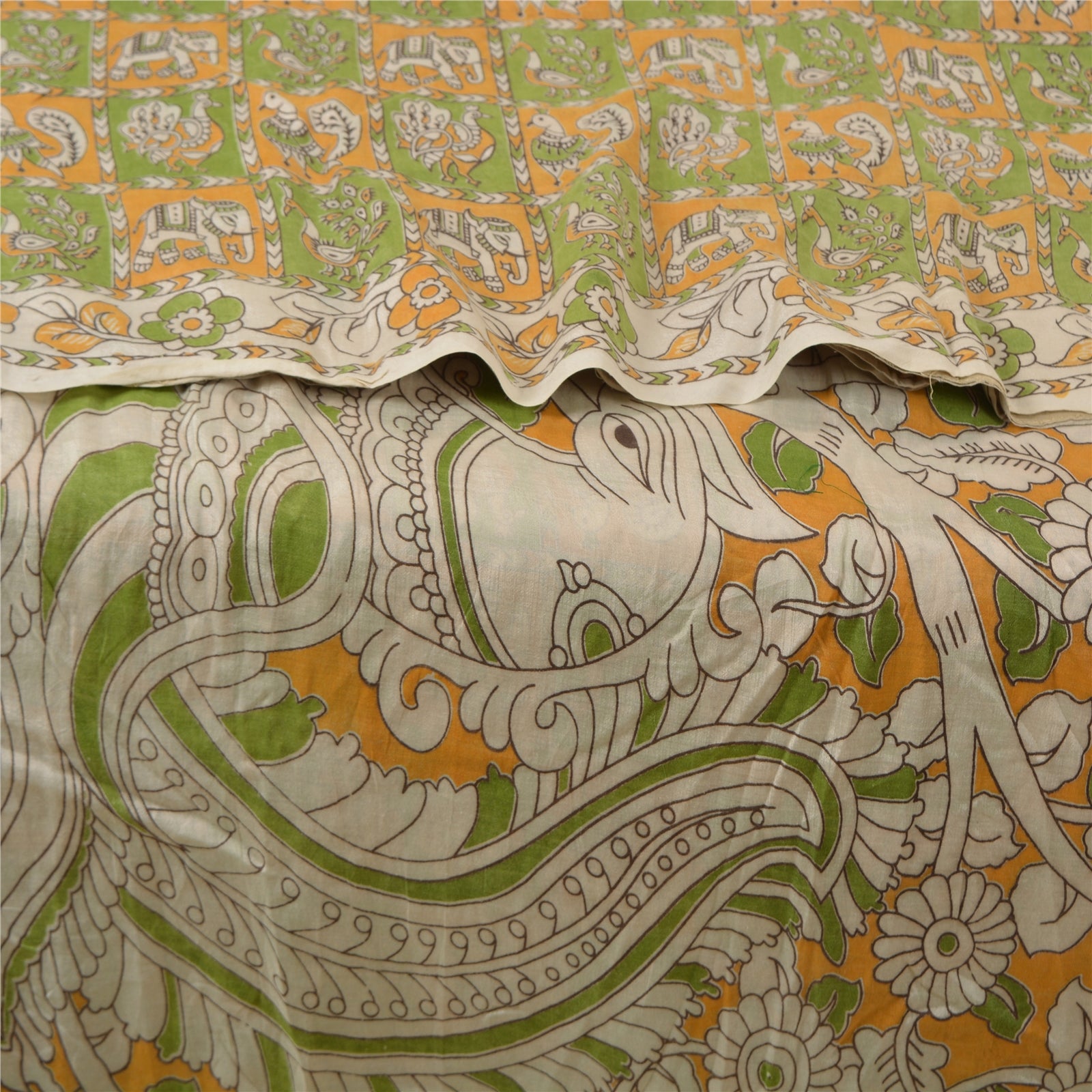 Sanskriti Vintage Green/Ivory Heavy Sarees Cotton Silk Kalamkari 5+Yard Sari