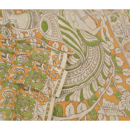 Sanskriti Vintage Green/Ivory Heavy Sarees Cotton Silk Kalamkari Fabric Sari