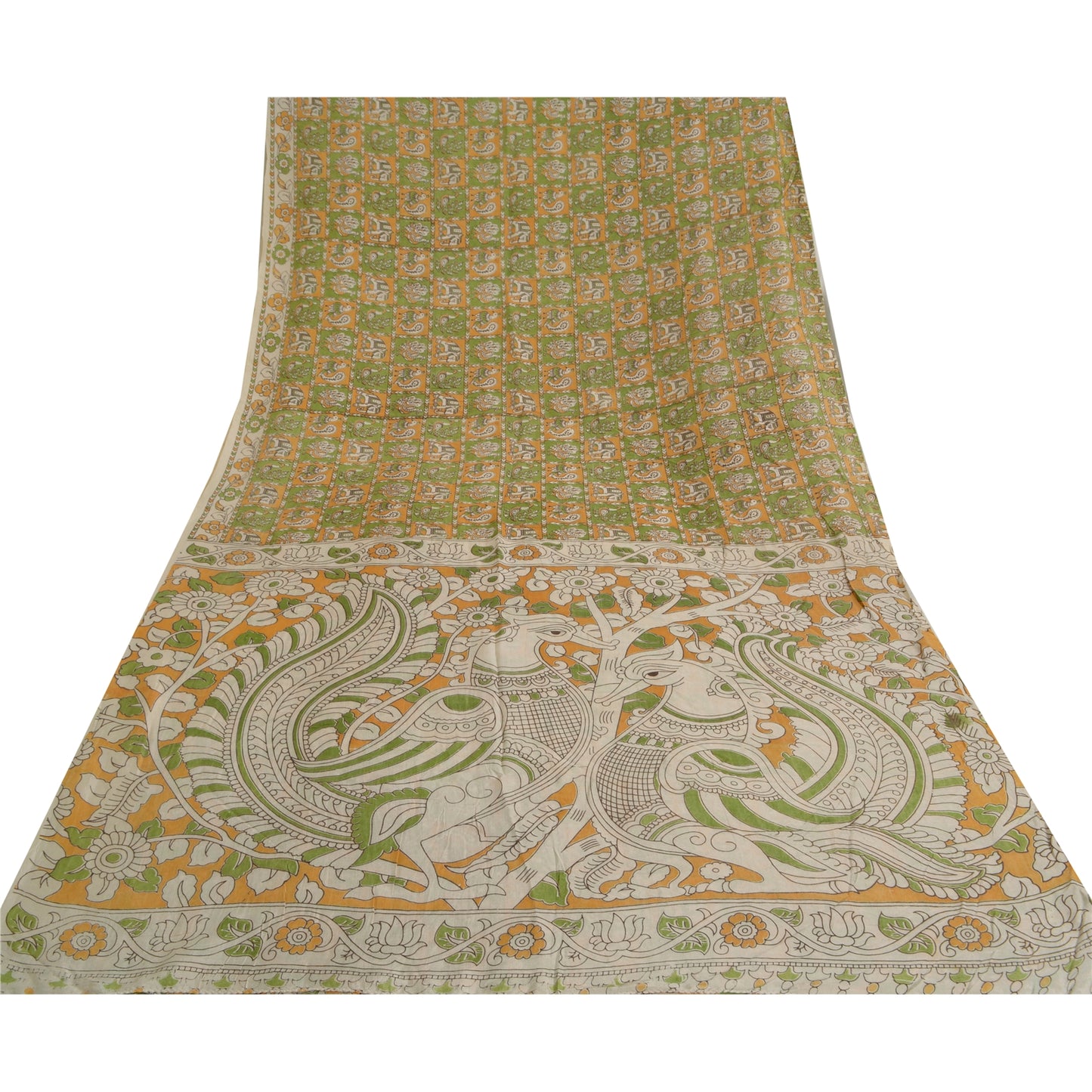 Sanskriti Vintage Green/Ivory Heavy Sarees Cotton Silk Kalamkari Fabric Sari