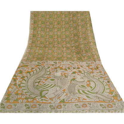 Sanskriti Vintage Green/Ivory Heavy Sarees Cotton Silk Kalamkari Fabric Sari