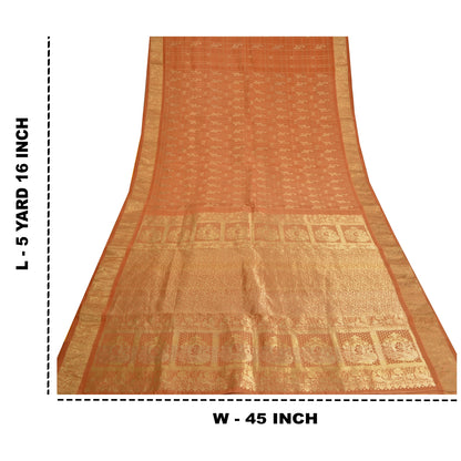 Sanskriti Vintage Orange Heavy Sarees Pure Silk Woven Brocade Zari Sari Fabric