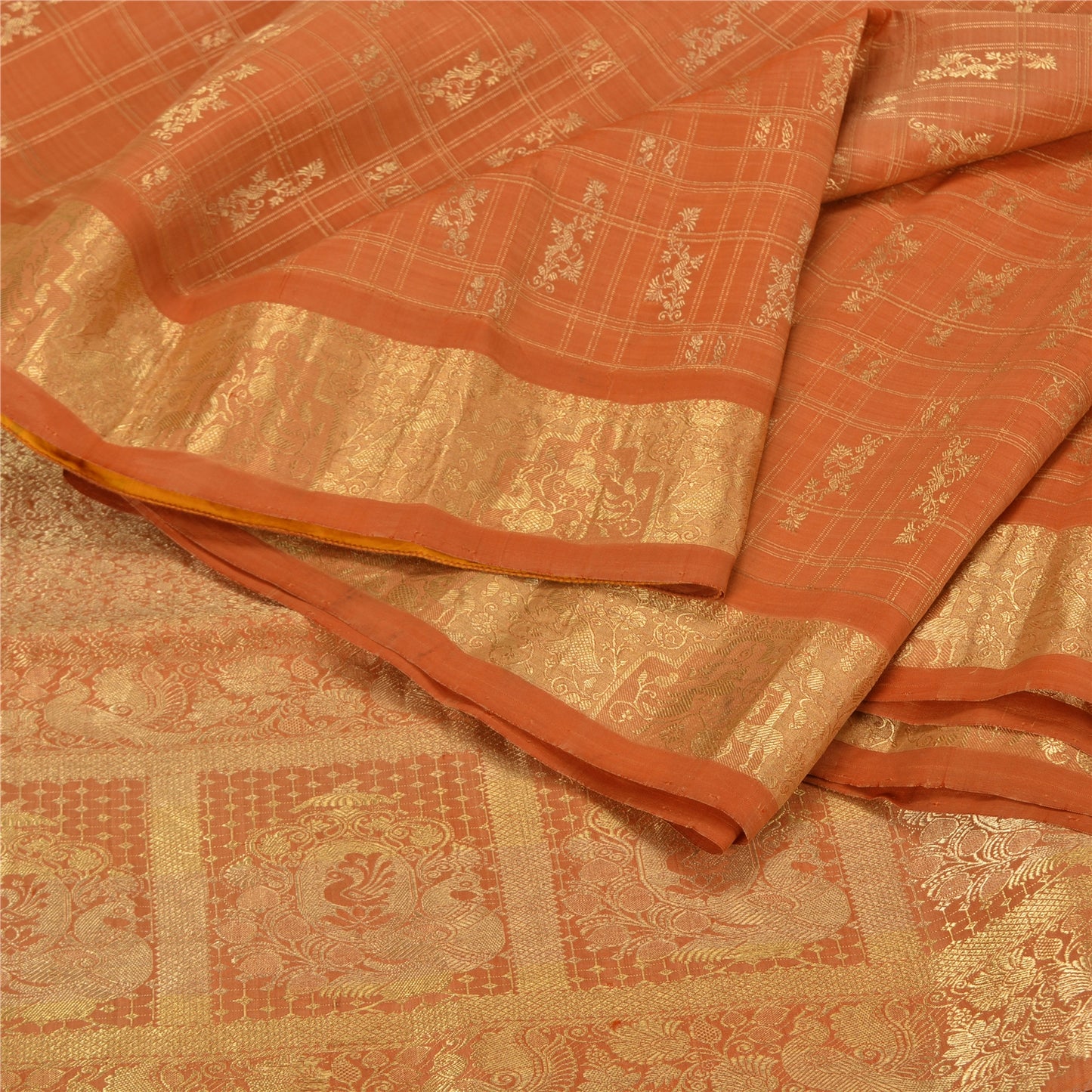 Sanskriti Vintage Orange Heavy Sarees Pure Silk Woven Brocade Zari Sari Fabric
