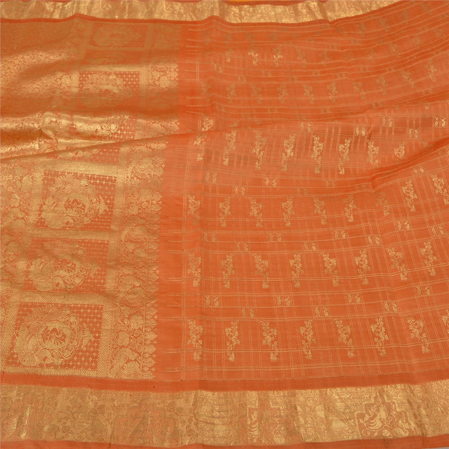 Sanskriti Vintage Orange Heavy Sarees Pure Silk Woven Brocade Zari Sari Fabric