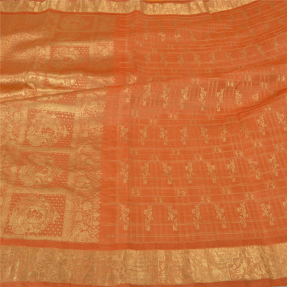 Sanskriti Vintage Orange Heavy Sarees Pure Silk Woven Brocade Zari Sari Fabric