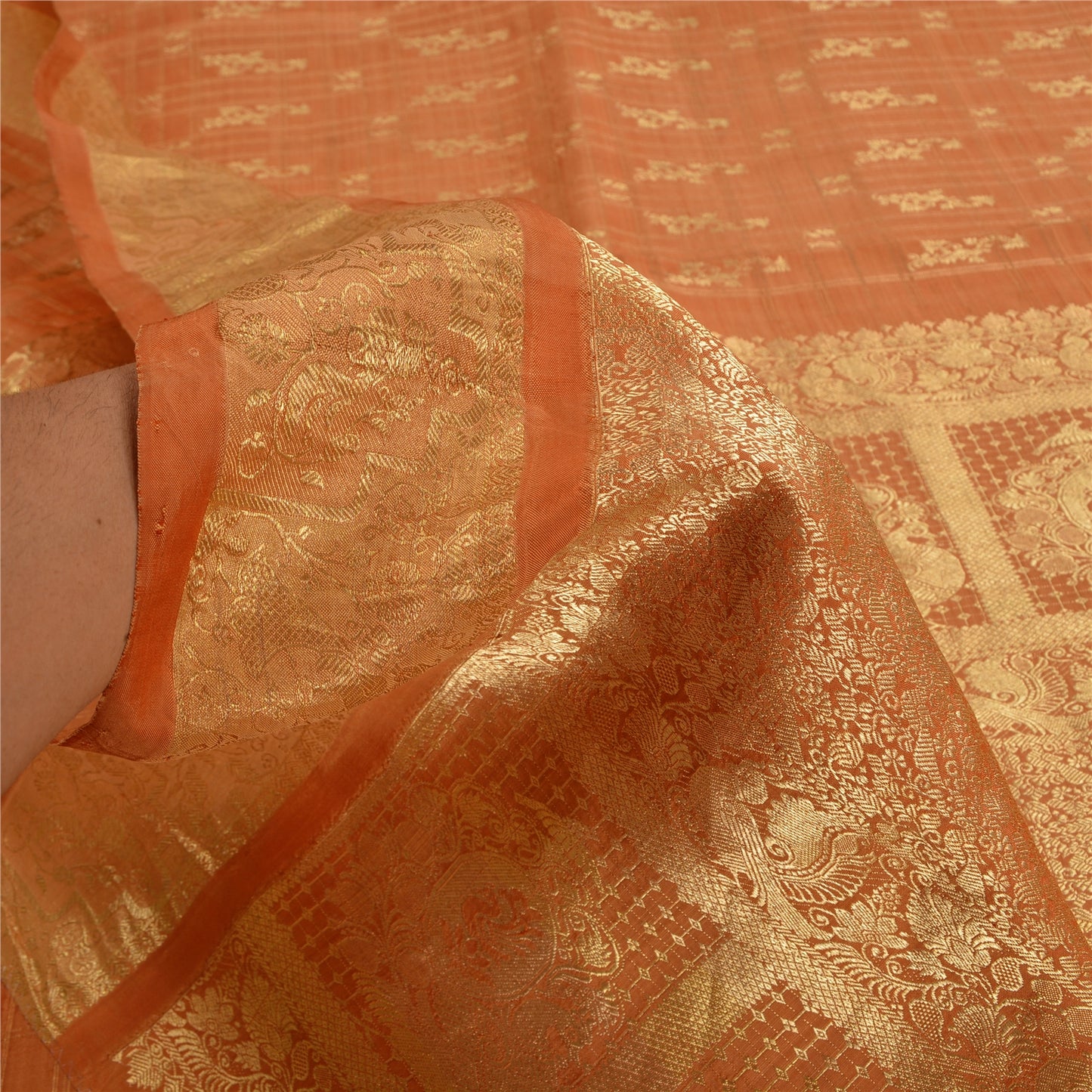 Sanskriti Vintage Orange Heavy Sarees Pure Silk Woven Brocade Zari Sari Fabric