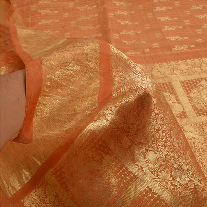 Sanskriti Vintage Orange Heavy Sarees Pure Silk Woven Brocade Zari Sari Fabric