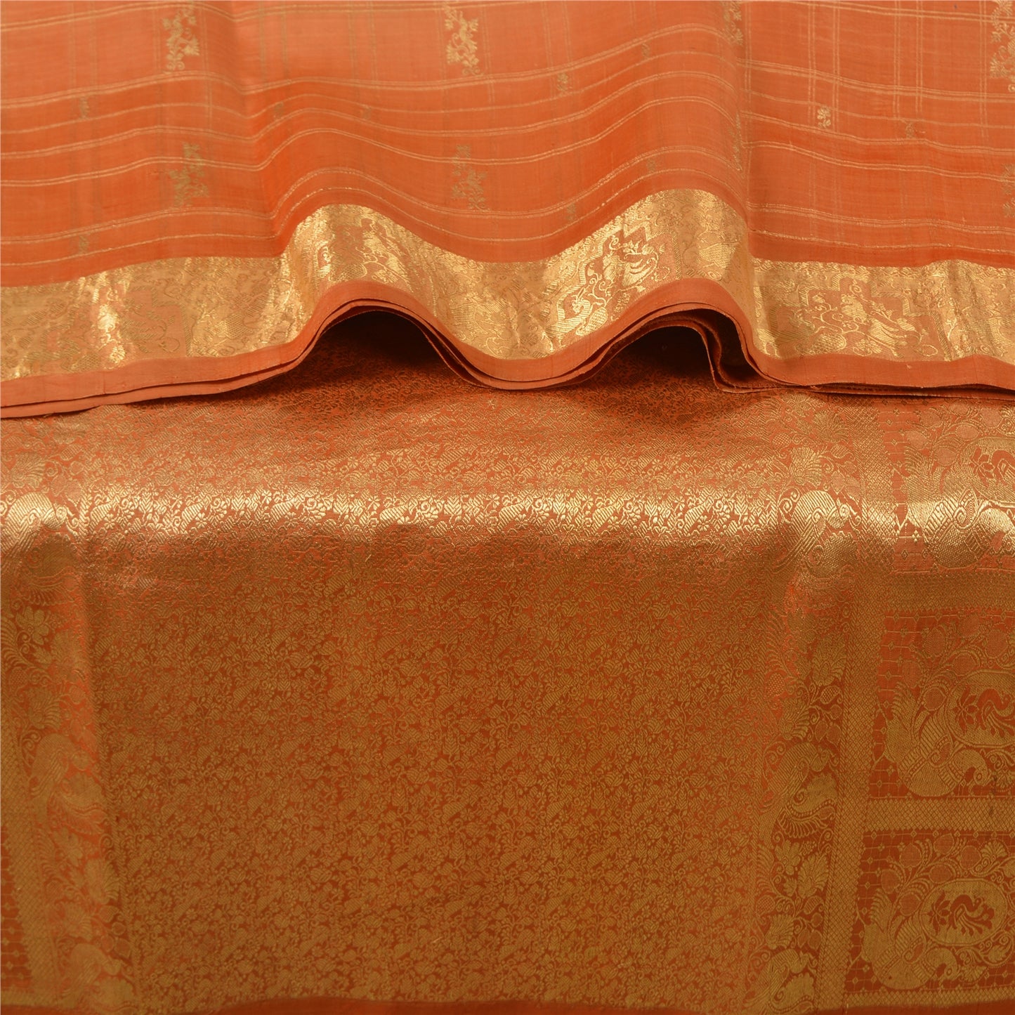 Sanskriti Vintage Orange Heavy Sarees Pure Silk Woven Brocade Zari Sari Fabric