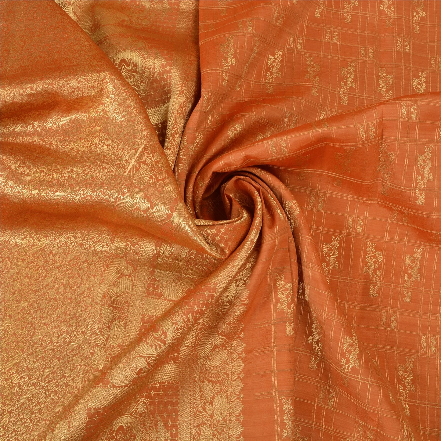 Sanskriti Vintage Orange Heavy Sarees Pure Silk Woven Brocade Zari Sari Fabric