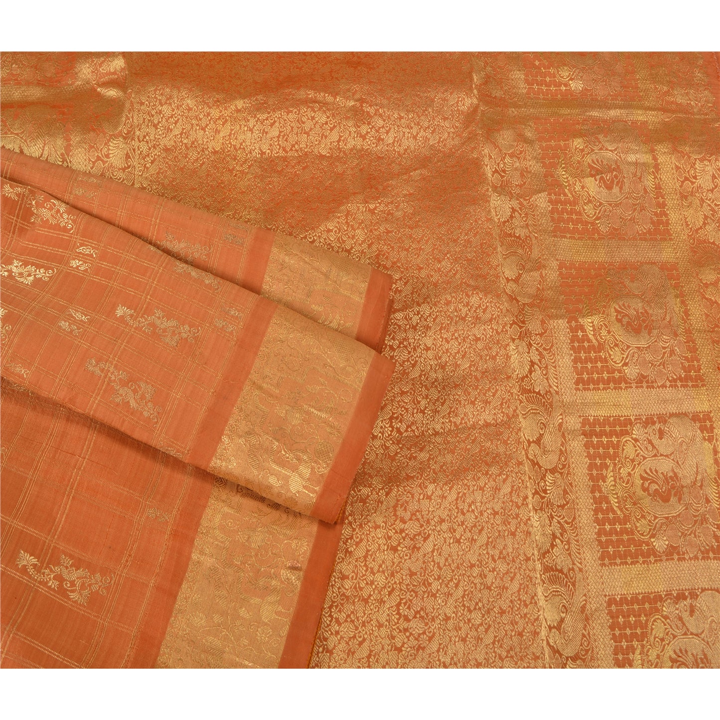 Sanskriti Vintage Orange Heavy Sarees Pure Silk Woven Brocade Zari Sari Fabric