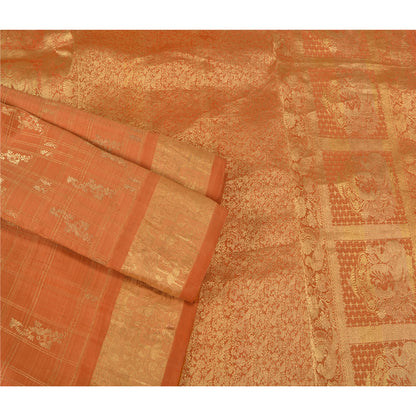 Sanskriti Vintage Orange Heavy Sarees Pure Silk Woven Brocade Zari Sari Fabric