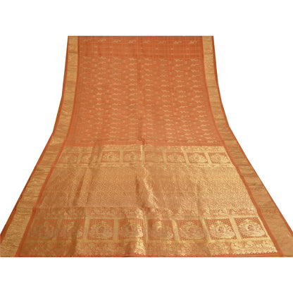 Sanskriti Vintage Orange Heavy Sarees Pure Silk Woven Brocade Zari Sari Fabric