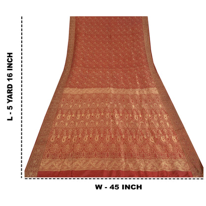 Sanskriti Vintage Red Sarees Pure Silk Zari Hand Woven Brocade Sari 5yd Fabric