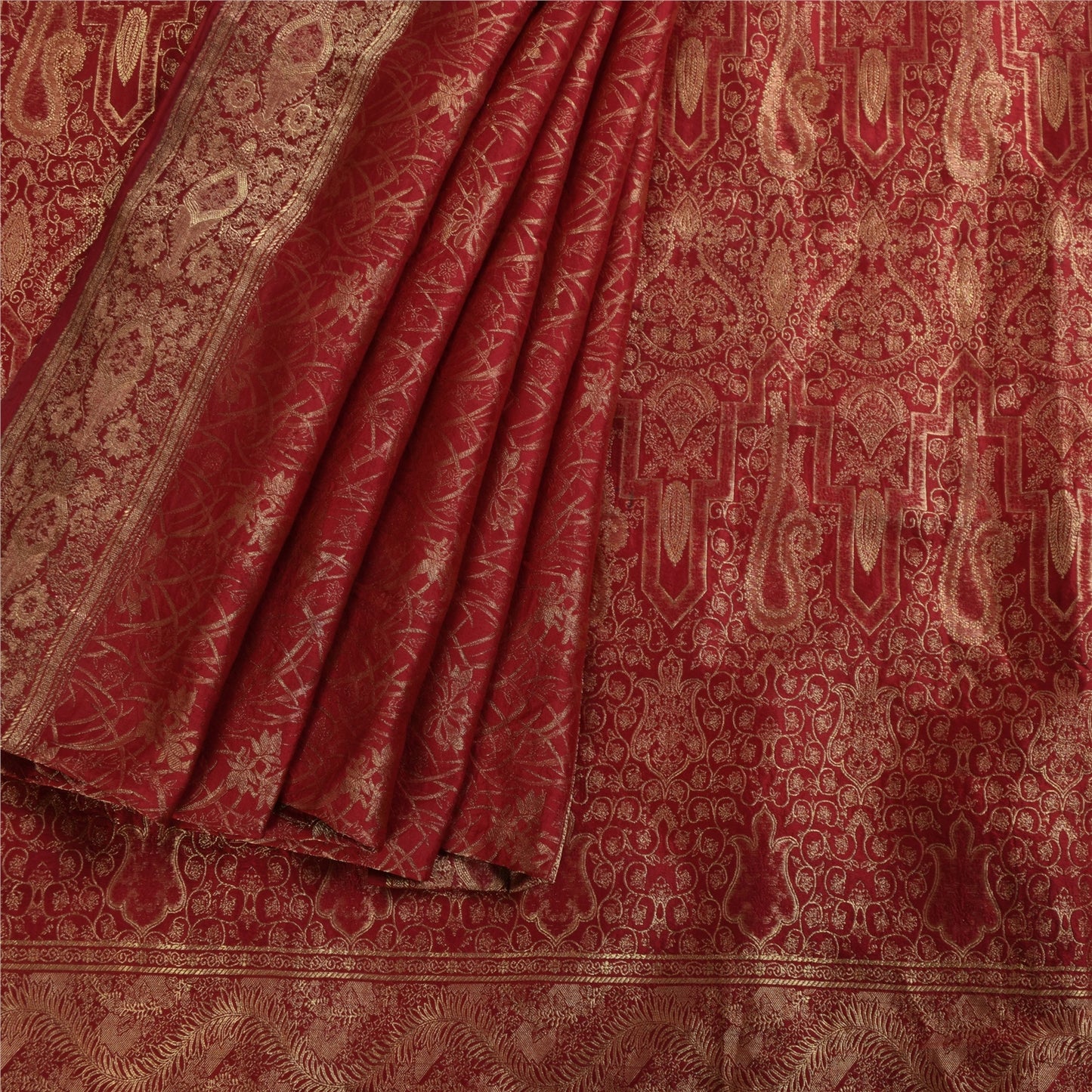 Sanskriti Vintage Red Sarees Pure Silk Zari Hand Woven Brocade Sari 5yd Fabric
