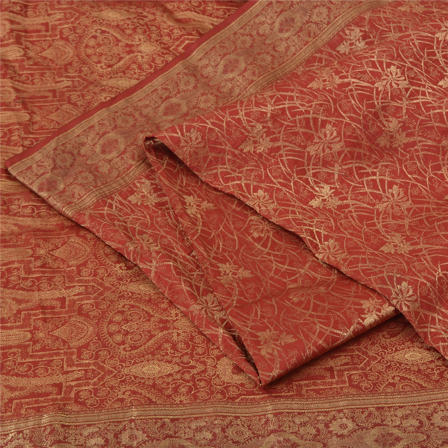 Sanskriti Vintage Red Sarees Pure Silk Zari Hand Woven Brocade Sari 5yd Fabric