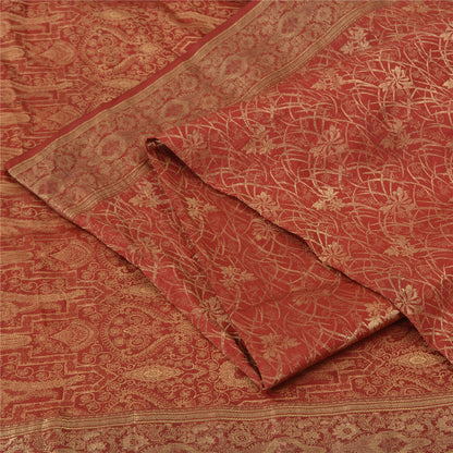 Sanskriti Vintage Red Sarees Pure Silk Zari Hand Woven Brocade Sari 5yd Fabric