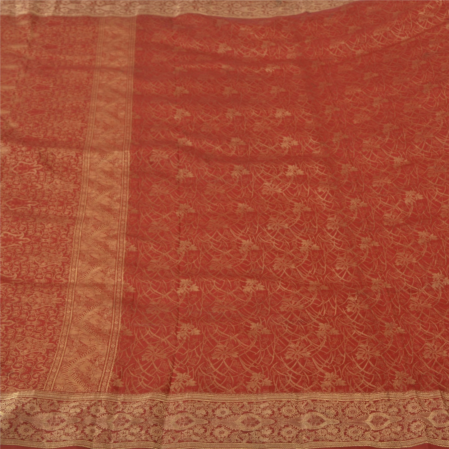 Sanskriti Vintage Red Sarees Pure Silk Zari Hand Woven Brocade Sari 5yd Fabric