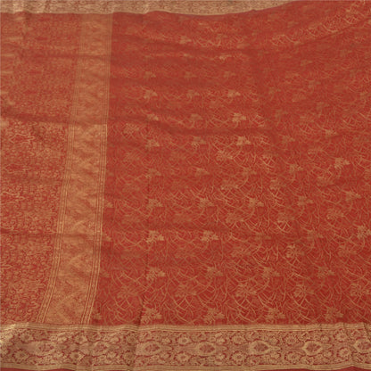 Sanskriti Vintage Red Sarees Pure Silk Zari Hand Woven Brocade Sari 5yd Fabric