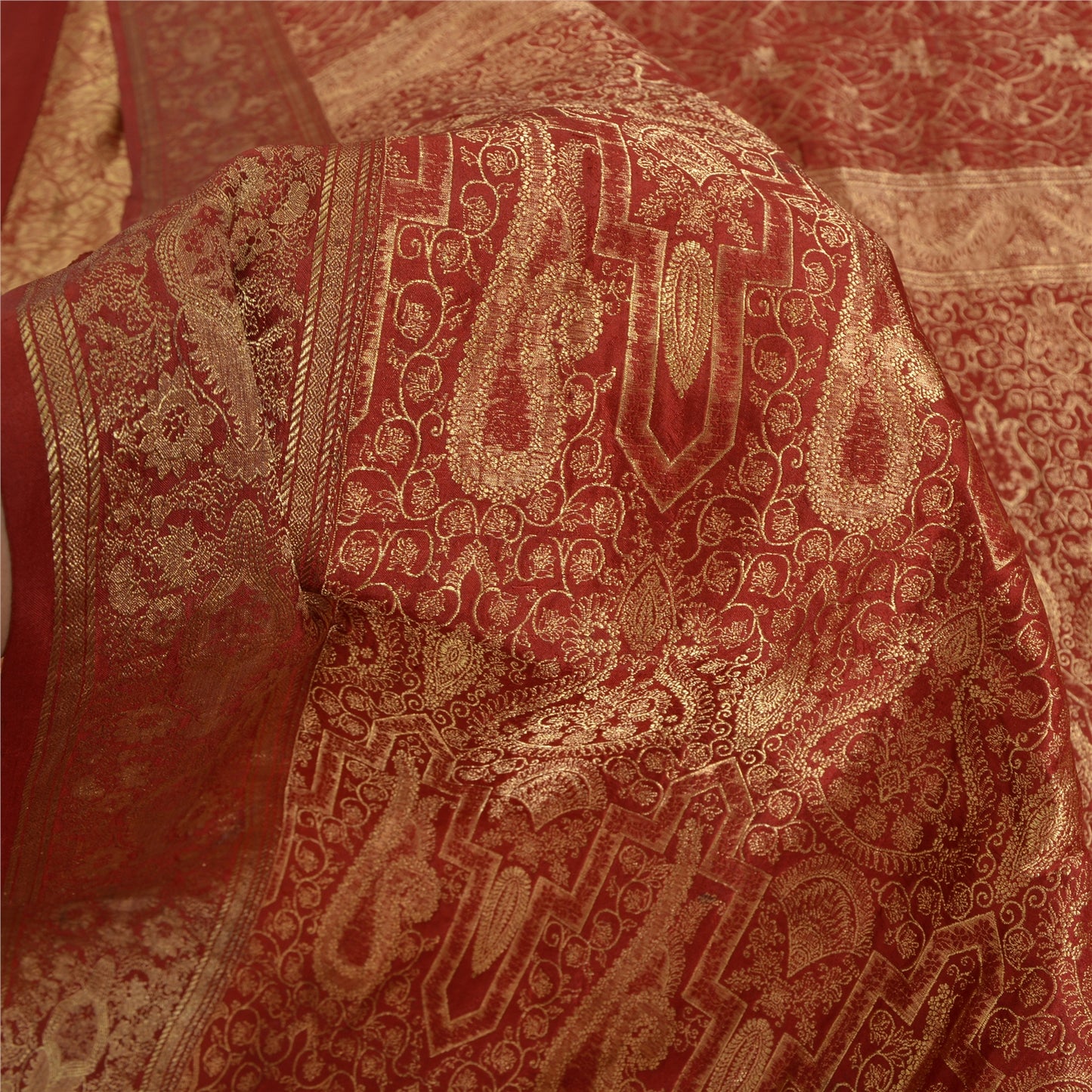 Sanskriti Vintage Red Sarees Pure Silk Zari Hand Woven Brocade Sari 5yd Fabric