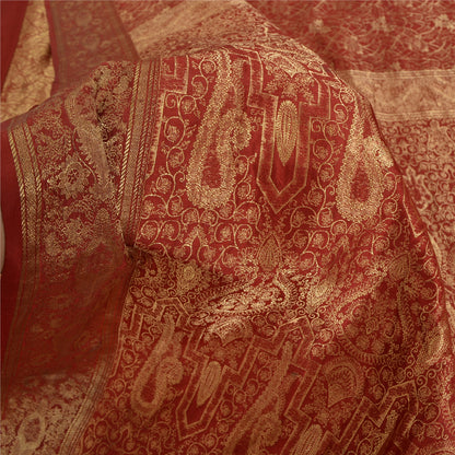 Sanskriti Vintage Red Sarees Pure Silk Zari Hand Woven Brocade Sari 5yd Fabric
