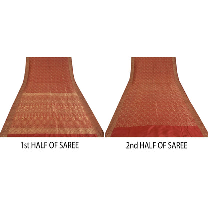 Sanskriti Vintage Red Sarees Pure Silk Zari Hand Woven Brocade Sari 5yd Fabric