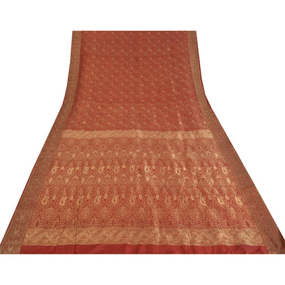 Sanskriti Vintage Red Sarees Pure Silk Zari Hand Woven Brocade Sari 5yd Fabric