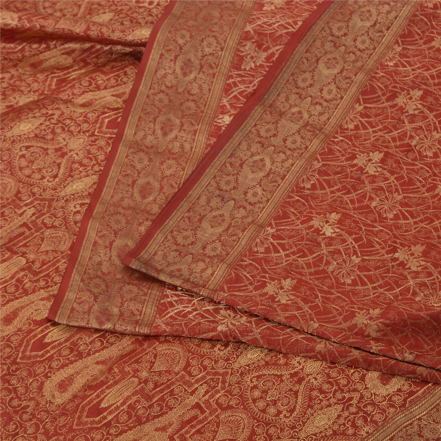 Sanskriti Vintage Red Sarees Pure Silk Zari Hand Woven Brocade Sari 5yd Fabric