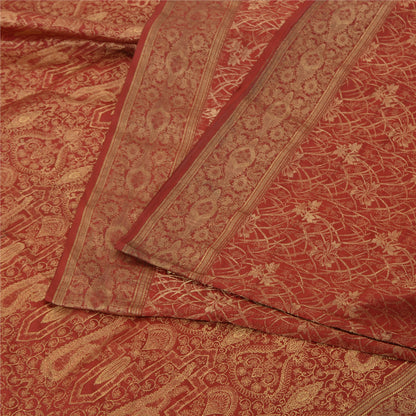 Sanskriti Vintage Red Sarees Pure Silk Zari Hand Woven Brocade Sari 5yd Fabric