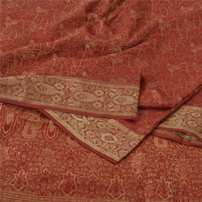 Sanskriti Vintage Red Sarees Pure Silk Zari Hand Woven Brocade Sari 5yd Fabric