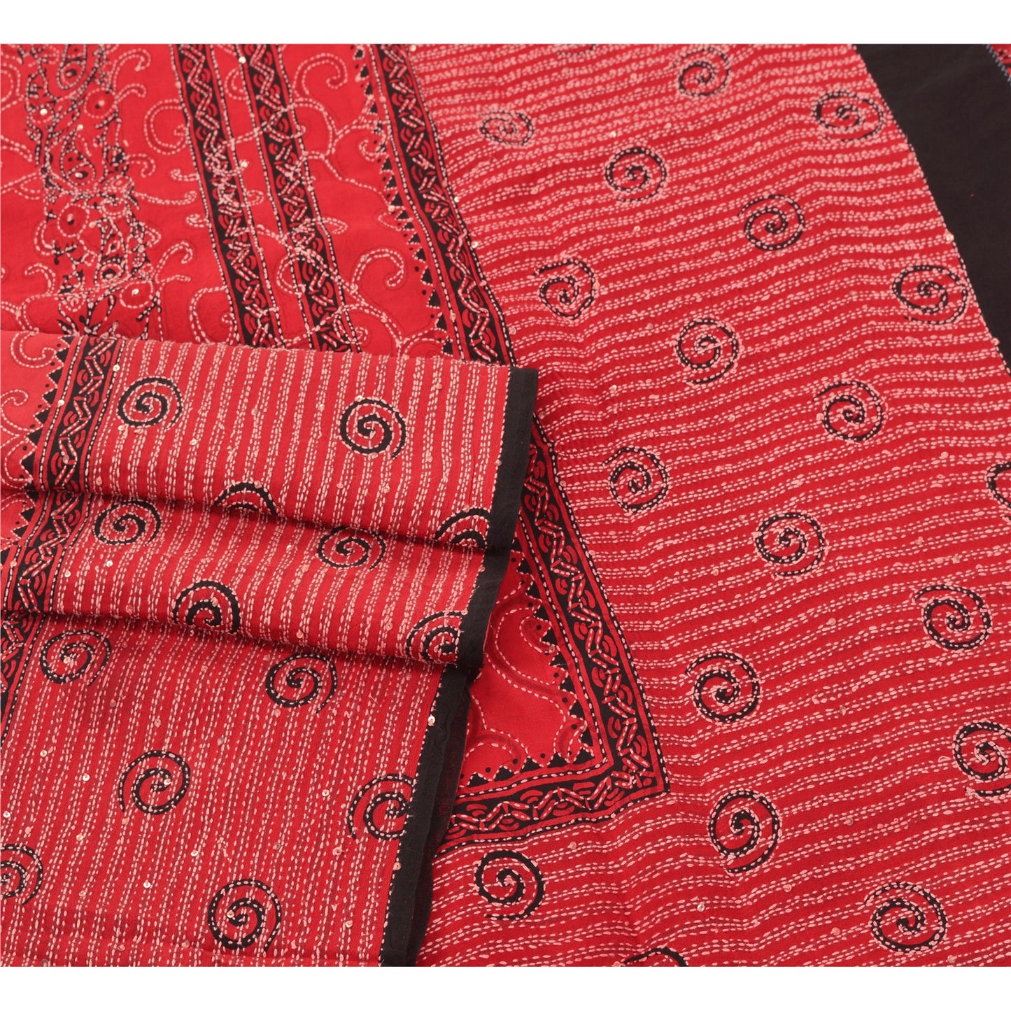 Sanskriti Vintage Red Indian Sari Pure Crepe Silk Handmade Kantha Sarees Fabric
