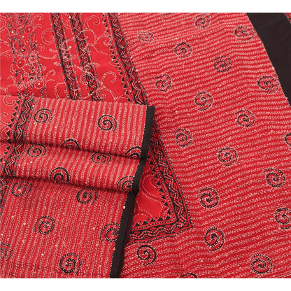 Sanskriti Vintage Red Indian Sari Pure Crepe Silk Handmade Kantha Sarees Fabric