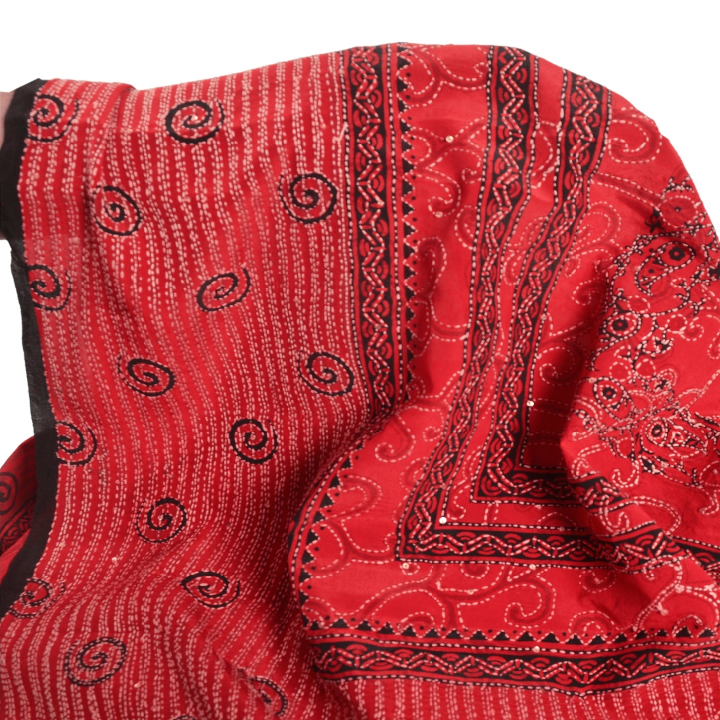 Sanskriti Vintage Red Indian Sari Pure Crepe Silk Handmade Kantha Sarees Fabric