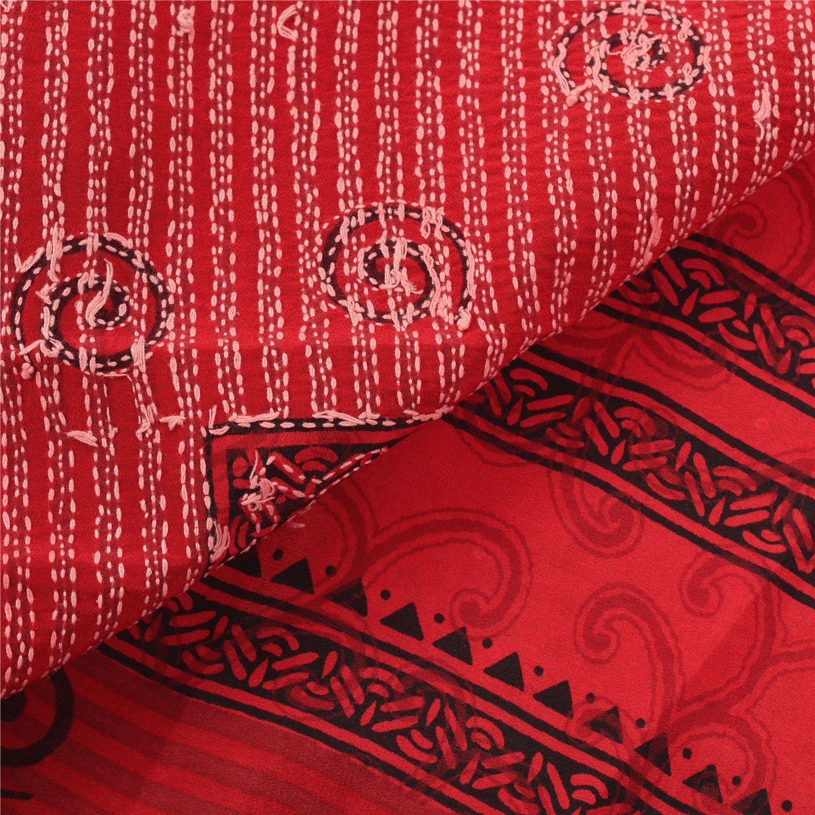 Sanskriti Vintage Saree 100% Pure Crepe Silk Red Indian Handmade Kantha Bengali Sarees 5+YARD Craft Fabric Add-to Table Linen, Curtains