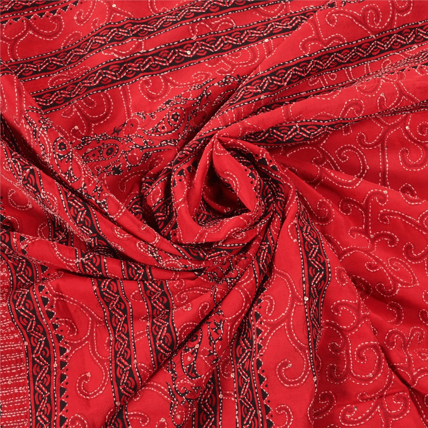 Sanskriti Vintage Red Indian Sari Pure Crepe Silk Handmade Kantha Sarees Fabric