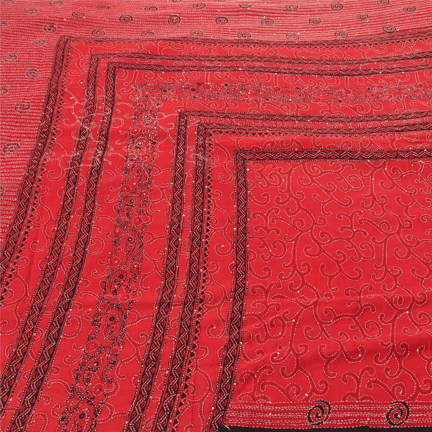 Sanskriti Vintage Red Indian Sari Pure Crepe Silk Handmade Kantha Sarees Fabric