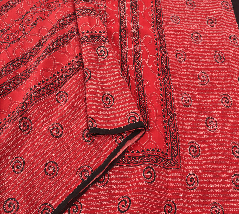 Sanskriti Vintage Saree 100% Pure Crepe Silk Red Indian Handmade Kantha Bengali Sarees 5+YARD Craft Fabric Add-to Table Linen, Curtains