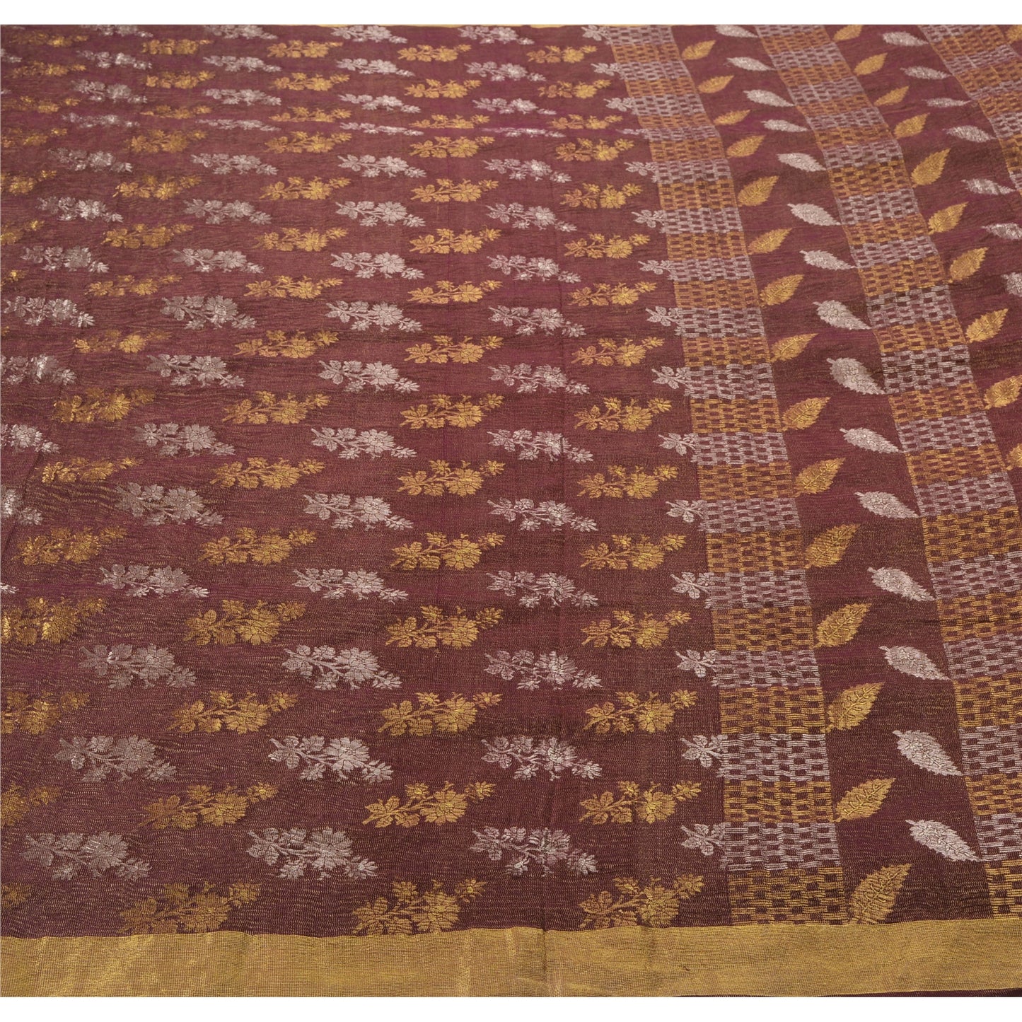 Sanskriti Vintage Brown Indian Sari 100% Pure Silk Woven Sarees 6 Yard Fabric