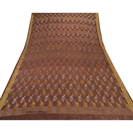 Sanskriti Vintage Brown Indian Sari 100% Pure Silk Woven Sarees 6 Yard Fabric