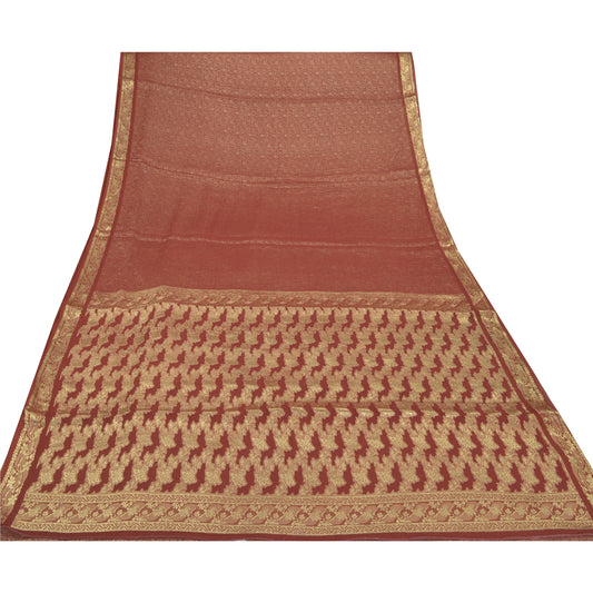 Sanskriti Vintage Rusty Red Indian Sarees Pure Georgette Silk Woven Sari Sustainable Fabric