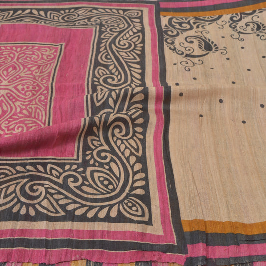 Sanskriti Vintage Cream Indian Sari Pure Handloom Silk Printed Sarees Sustainable Fabric